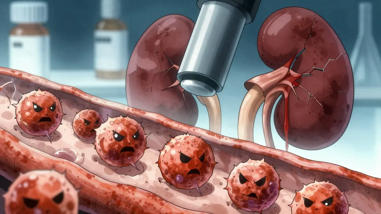Microscope view of eosinophil cells attacking kidney tubules, with cracked kidney silhouette bleeding red lines.