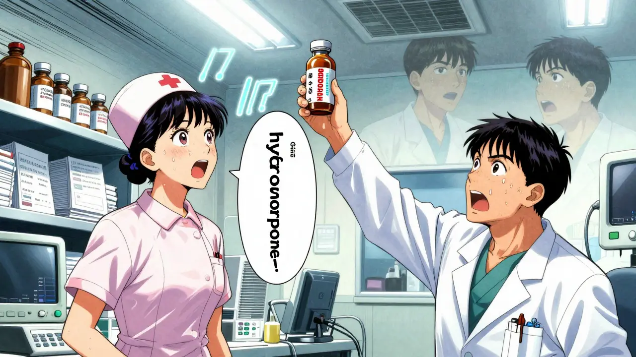 Nurse and doctor in ER, misreaching for similar-sounding drug vials amid chaos.