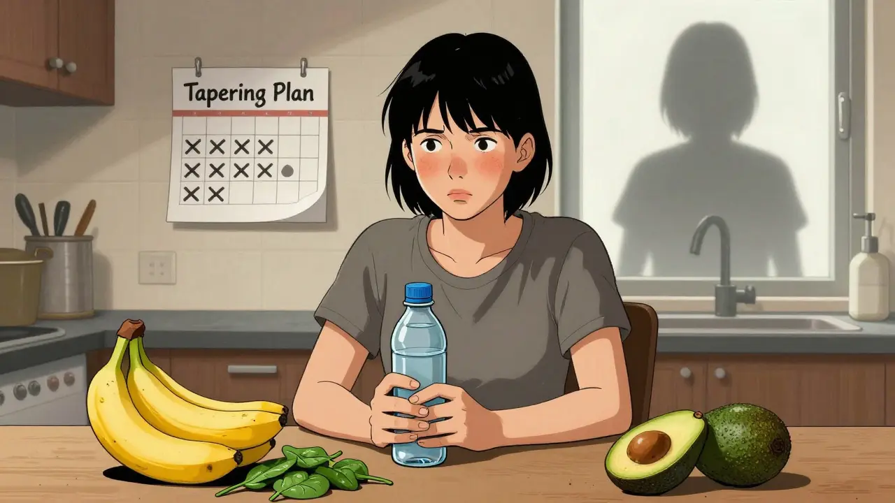 Patient eating healthy foods at kitchen table, calendar showing tapering plan, fading image of past self.