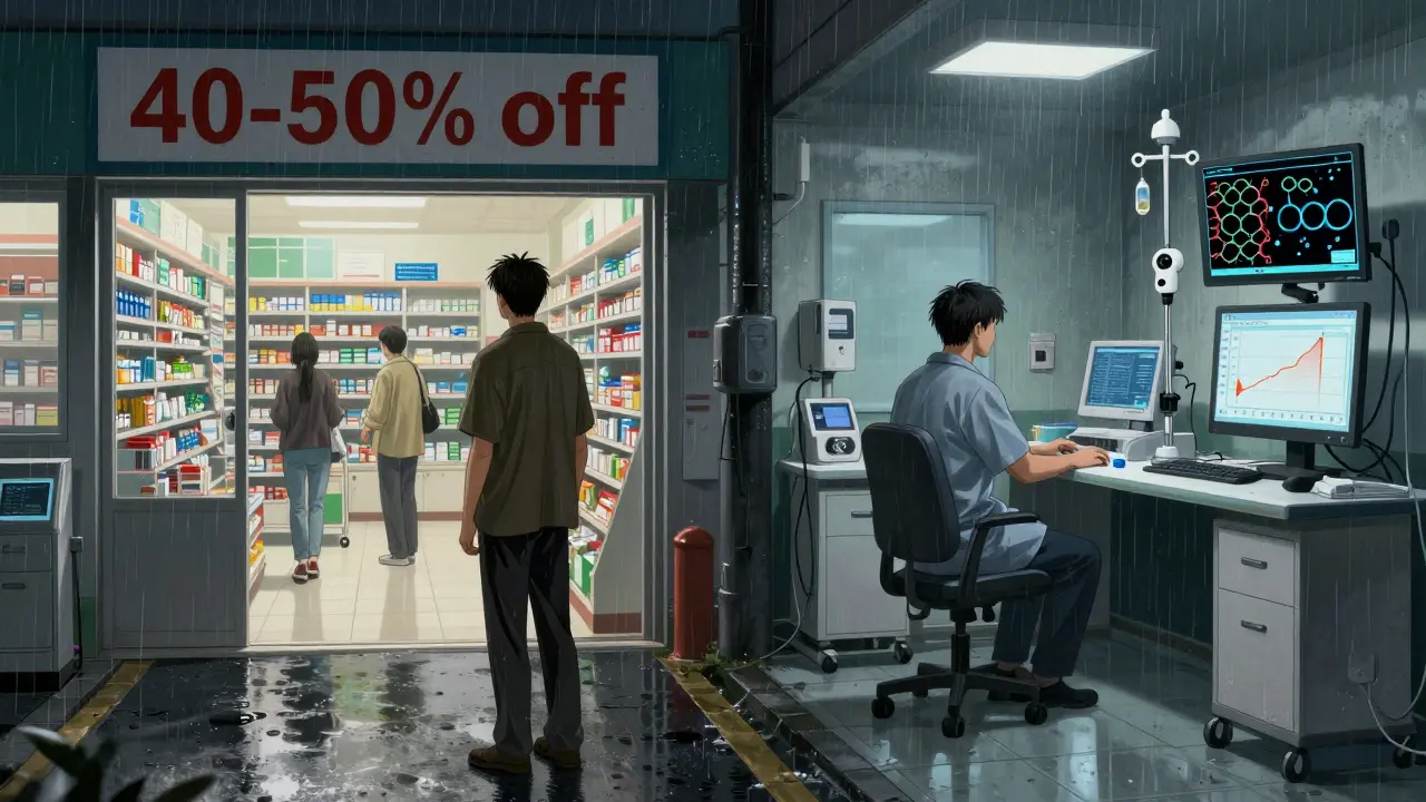 Patient facing two paths: generic pharmacy and biosimilar infusion center, in dramatic anime realism.