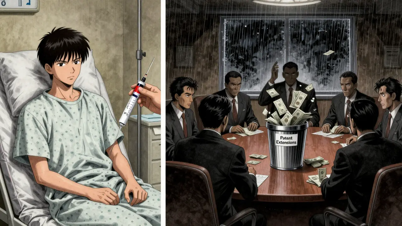 Patient receiving insulin injection beside shadowy executives shredding patent documents in rain-lit room.