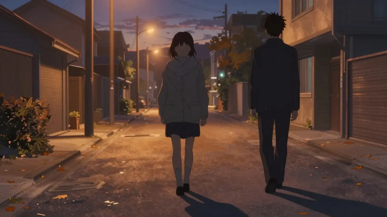 Person walking at dusk, moon face less swollen, shadow merges with healthier version, autumn leaves falling.