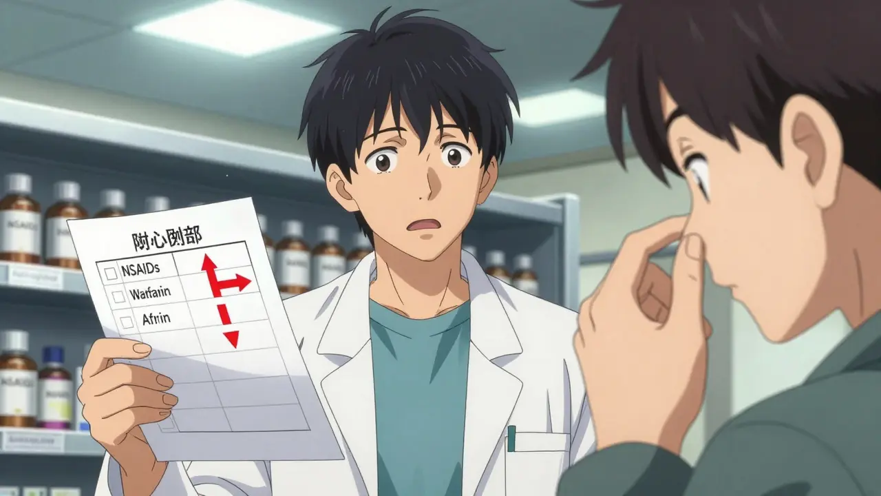 Pharmacist reviewing medications linked to nosebleeds with concerned patient.