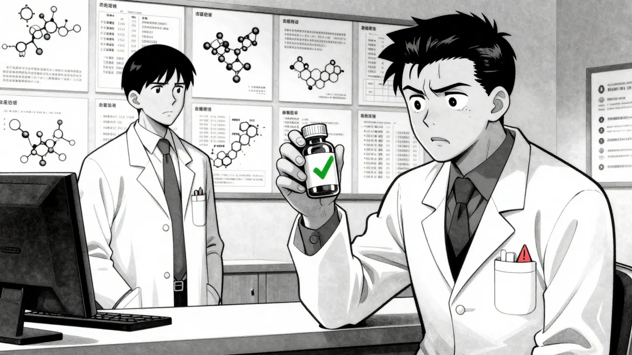 Pharmacist torn between generic and biosimilar drugs, surrounded by molecular charts in Gekiga style.