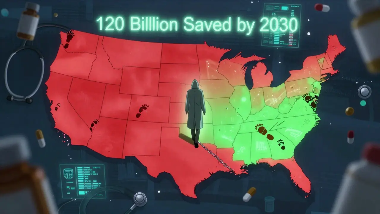 Pharmacist walking across U.S. map showing state laws on drug substitution