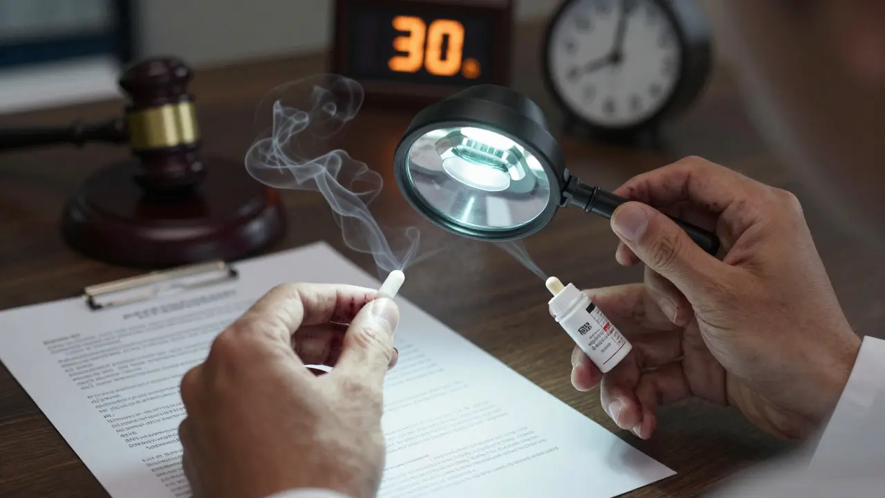 Scientist comparing pill formulations with legal documents swirling around, under magnifying lamp.