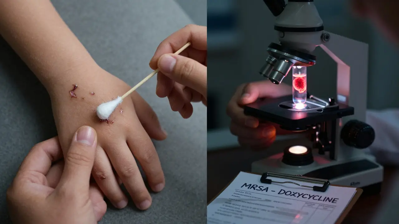 Split scene: child applying ointment to sores, doctor examining bacteria under microscope, in anime realism.