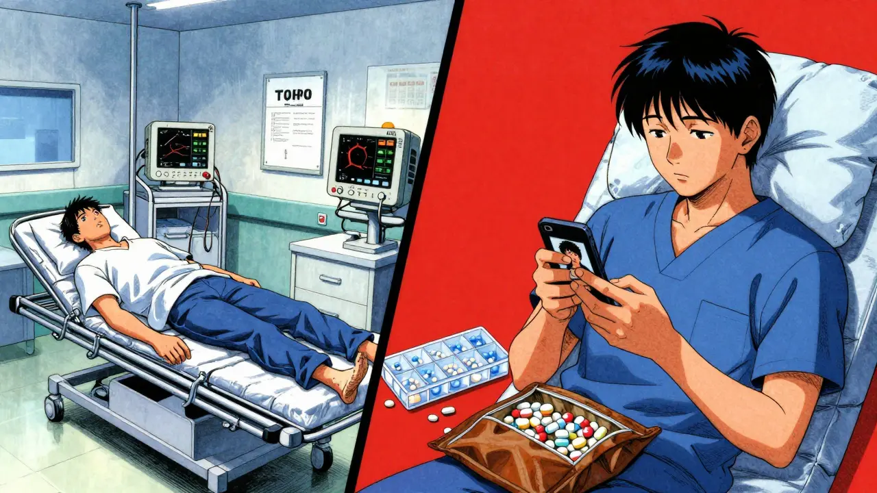 Split scene: left shows a patient in emergency room, right shows same patient safely managing meds at home.