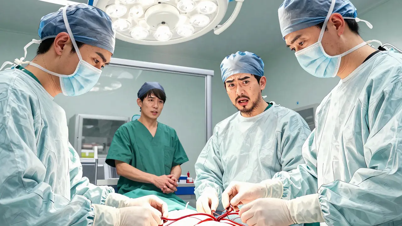 Surgeons perform a kidney transplant, hands focused on blood vessels, donor and recipient connected through glass.