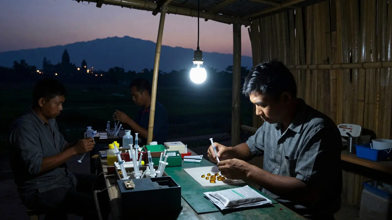 Vietnamese technician packaging antibiotic intermediates under a single bulb at twilight.