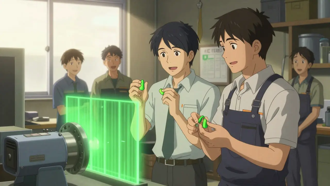 Worker and supervisor holding custom earplugs as a sound barrier quietly reduces machine noise.