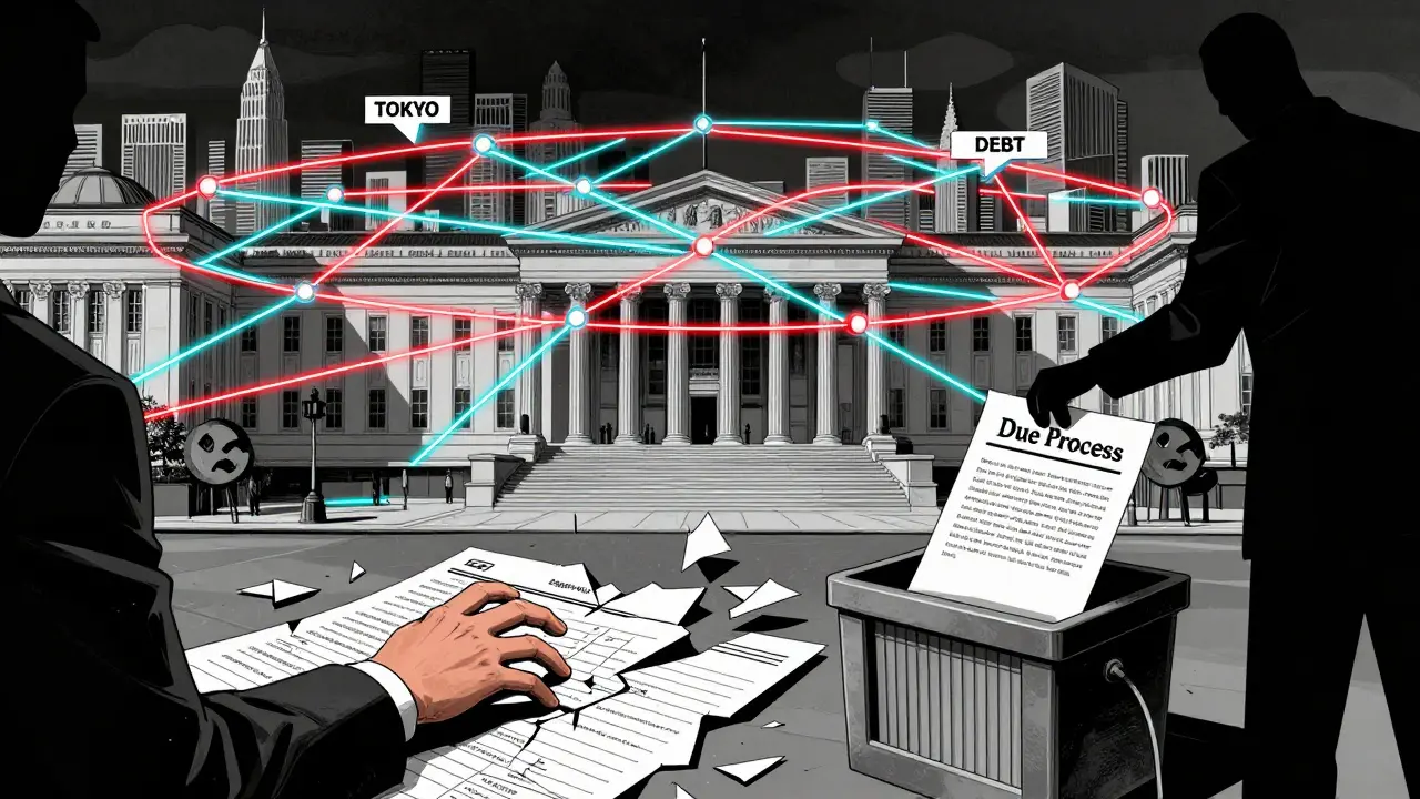 A blockchain network connects global cities while a debtor reaches out from a crumbling spreadsheet, symbolizing systemic neglect.