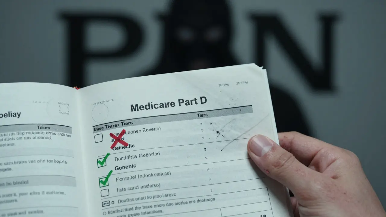 A close-up of a Medicare Part D formulary page with drug tiers marked by red Xs and green checks, under cold fluorescent light.