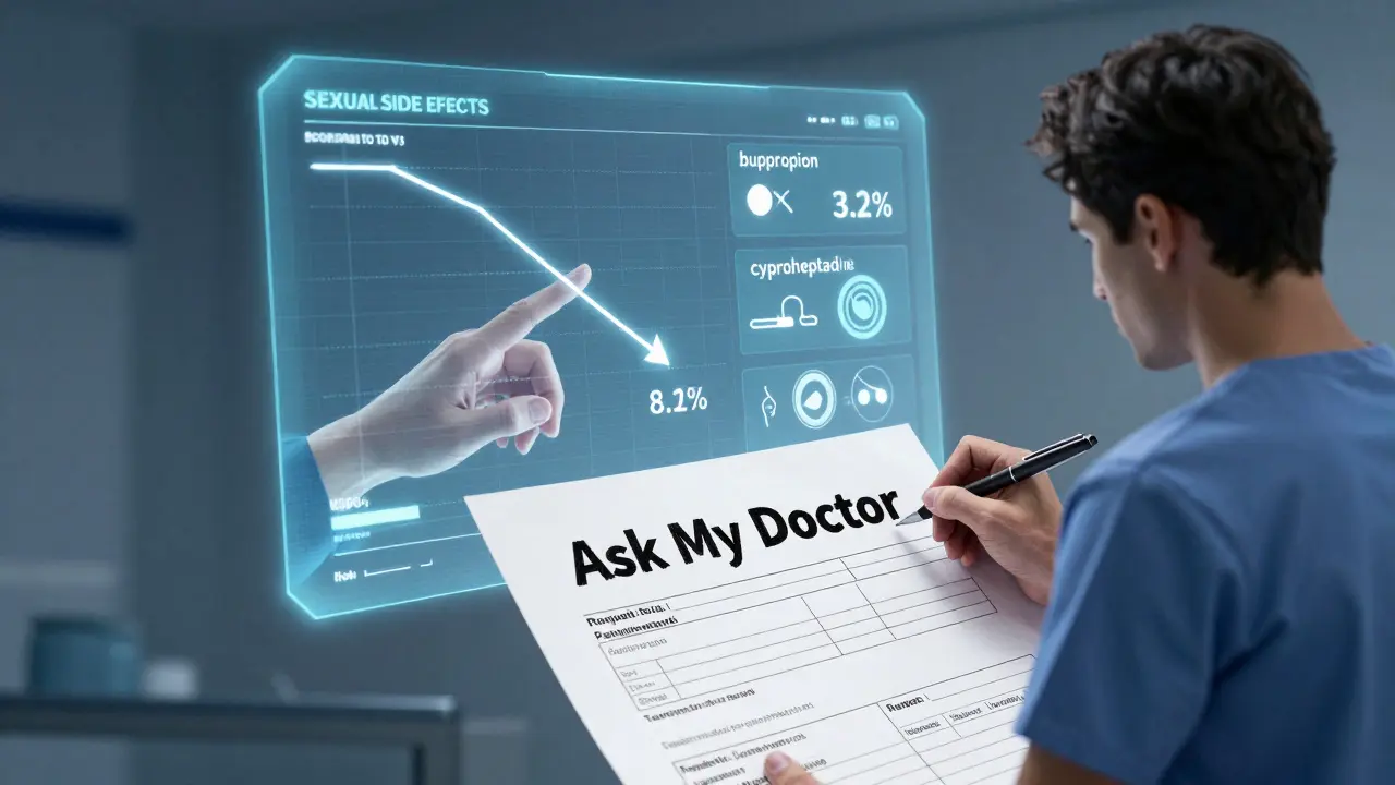 A floating medical chart shows declining side effect rates as a patient signs a form asking their doctor for better options.