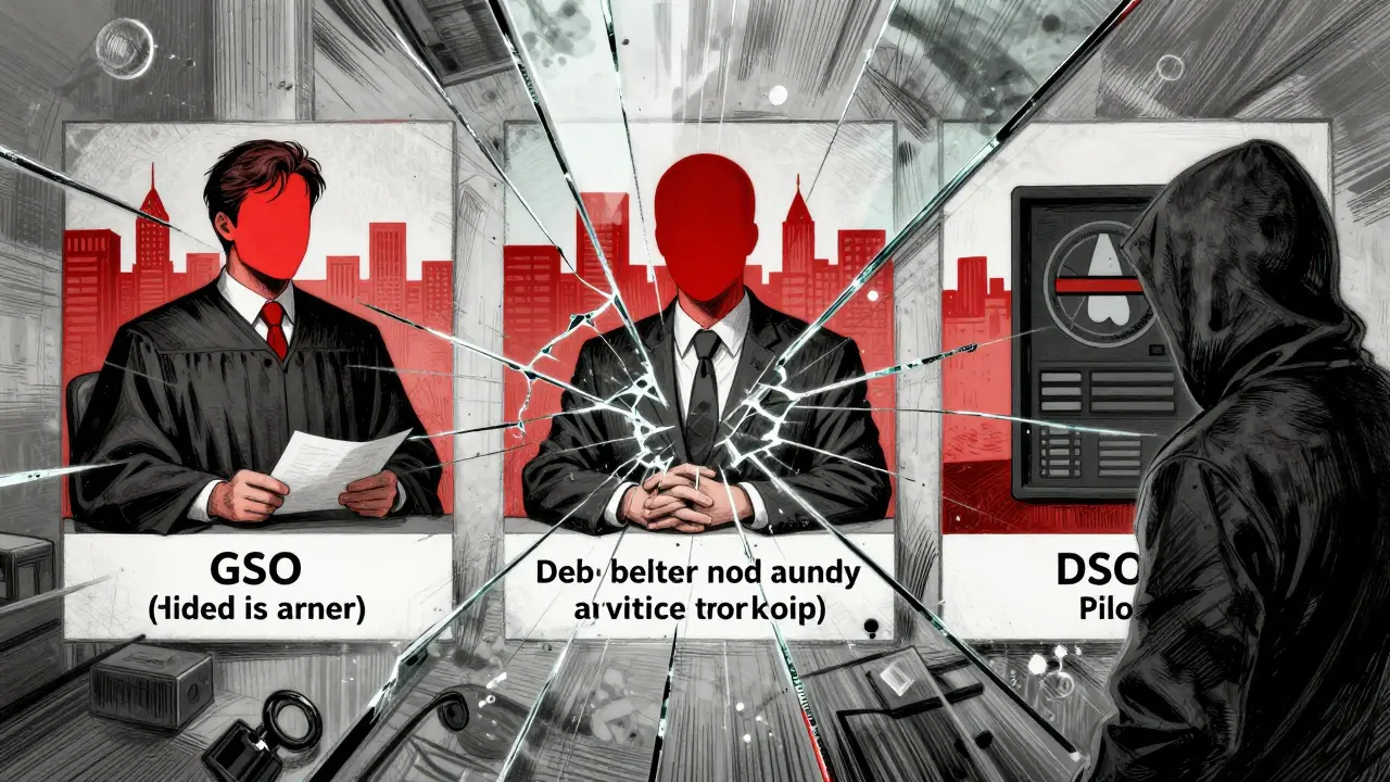 A fractured mirror shows a judge, a neglected debtor, and a data breach, highlighting the cost of efficiency in debt substitution.