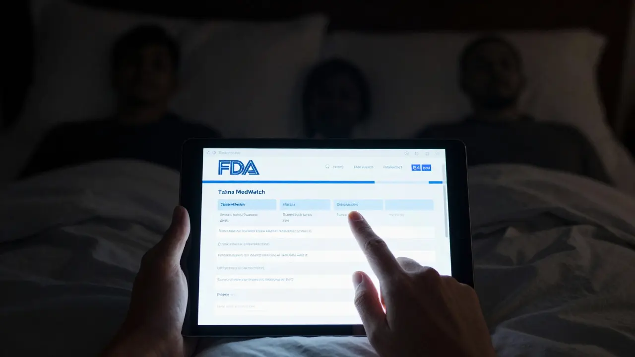 A hand submits a medication error report on a tablet at night, face lit by the screen's glow.