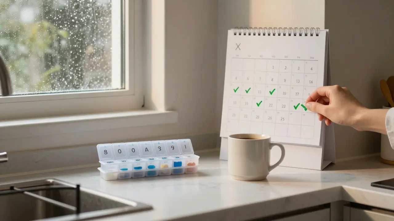 A labeled pill organizer and calendar with checkmarks sit beside a coffee mug, showing visual tracking of medication adherence.