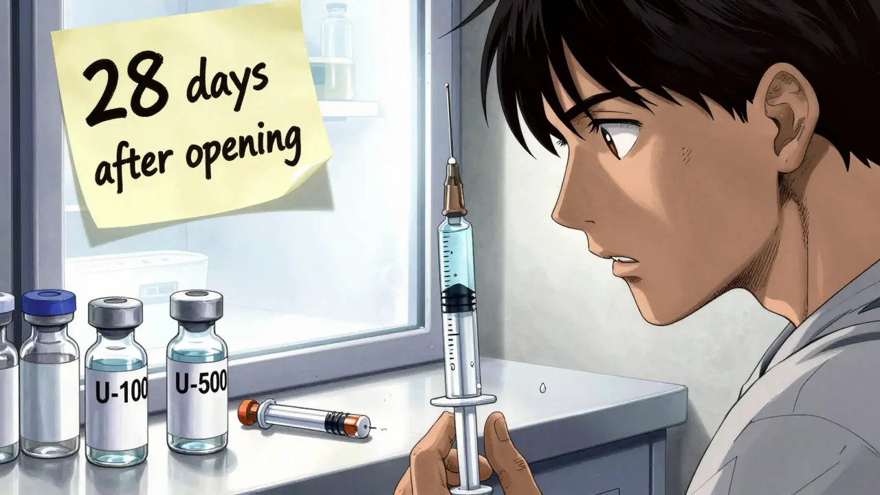 A man staring at an insulin syringe with a distorted reflection showing wrong concentration.