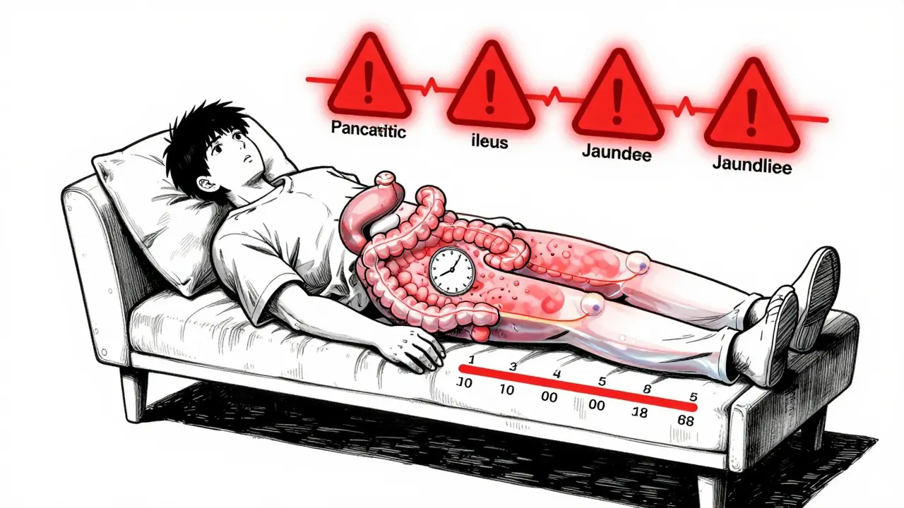A medical chart with glowing warning symbols above a person on a couch, illustrating digestive system slowdown and time-based symptom improvement.