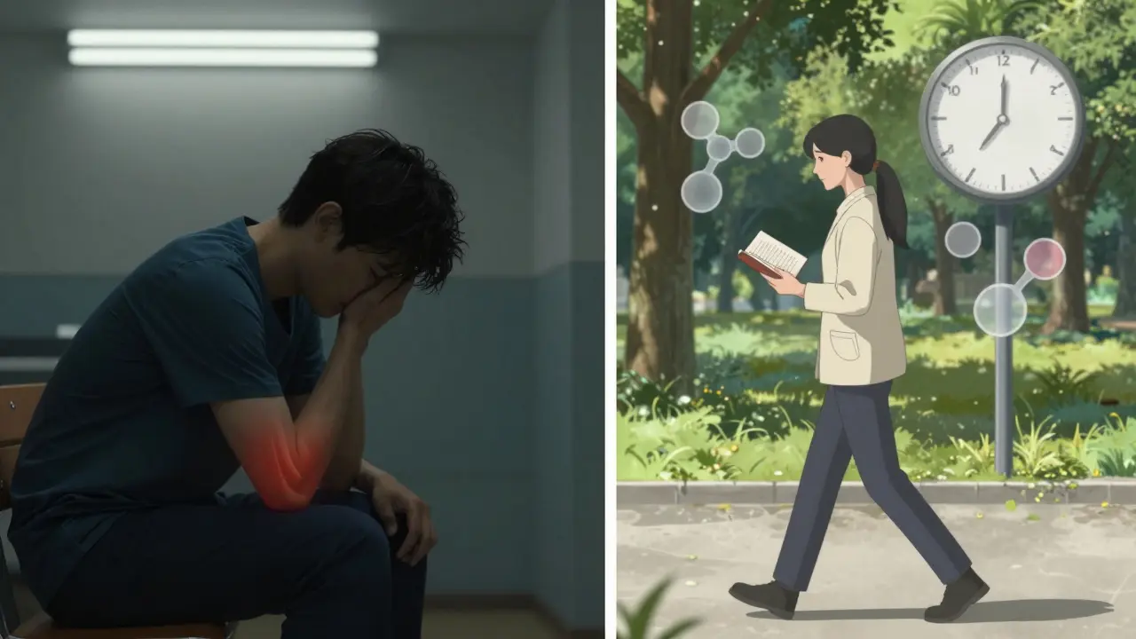 A person experiencing tapering fatigue on one side, walking gently in sunlight on the other, symbolizing recovery.