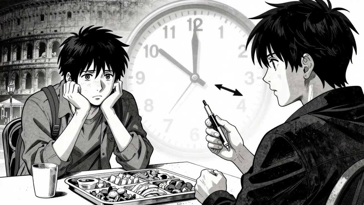 A person hesitates to take insulin during a westbound flight, with dual time zones visually overlapping in the background.