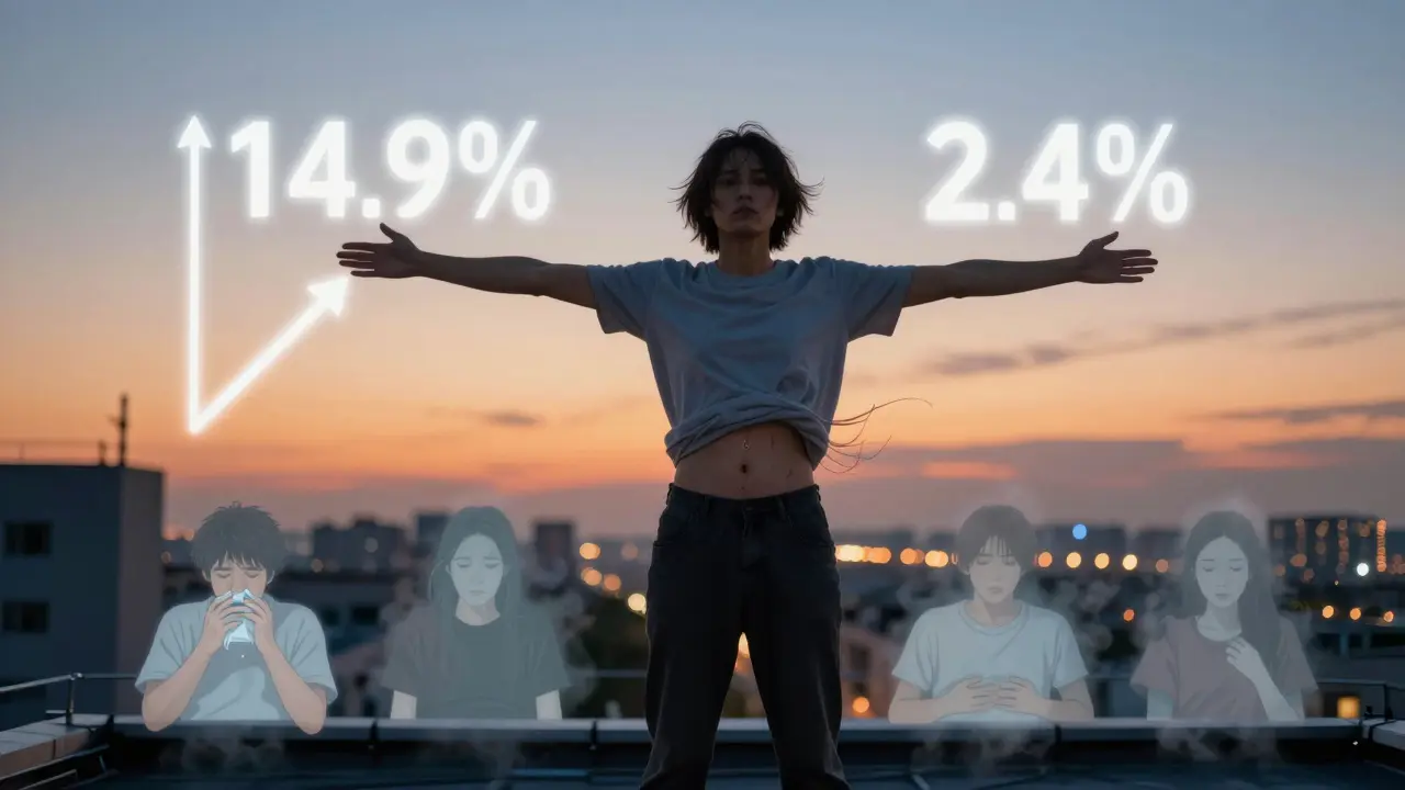 A person on a rooftop at sunset with a weight-loss graph behind them, past suffering fading into smoke as calm determination shines on their face.