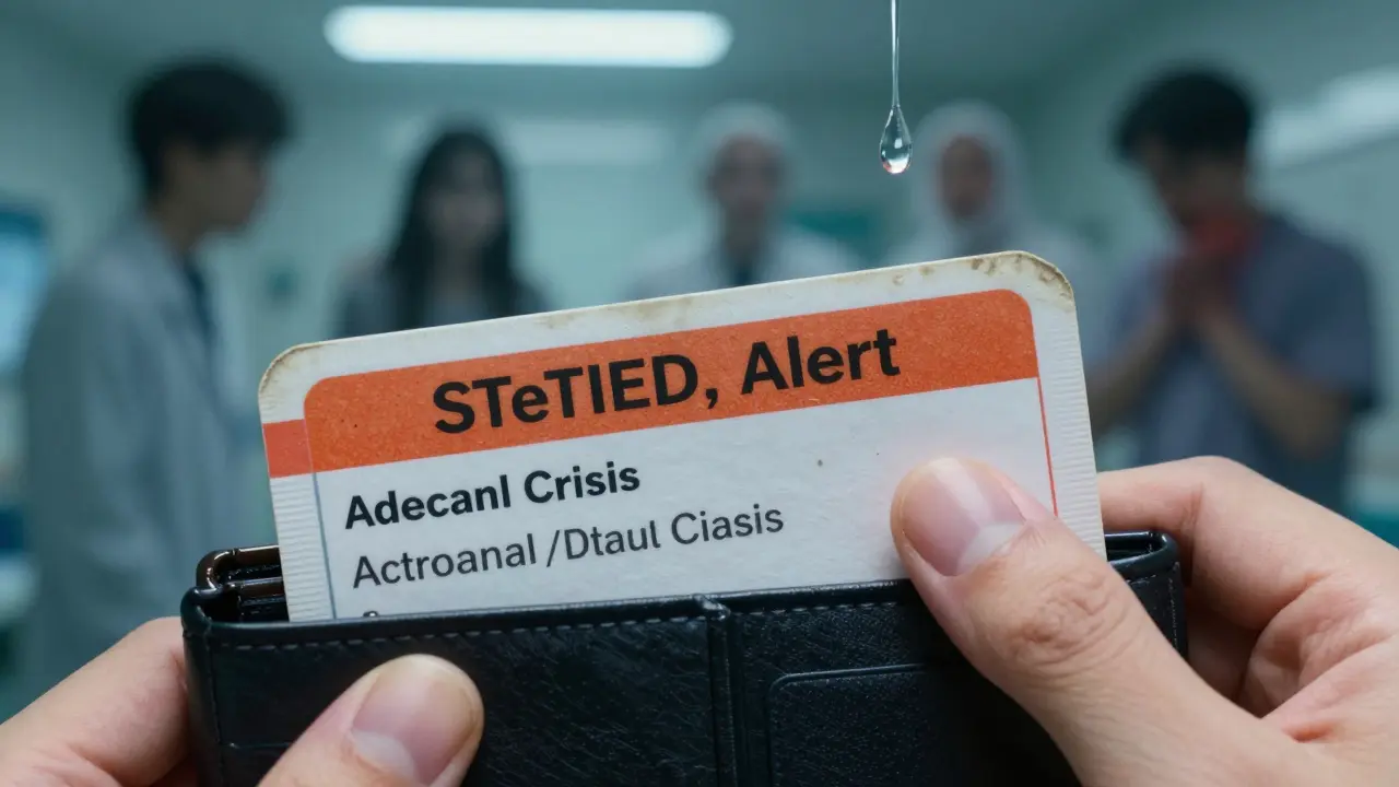 A worn steroid alert card in a wallet, illuminated in an ER, with ghostly crisis silhouettes in the background.
