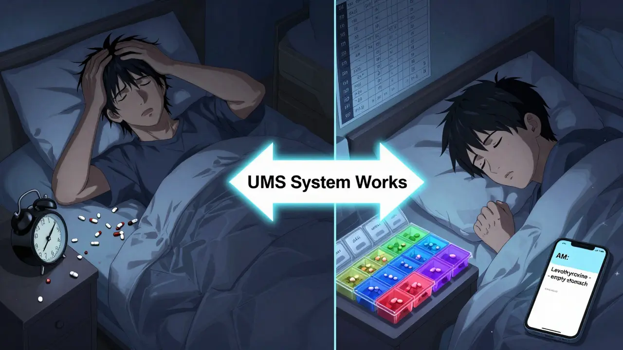 Before-and-after scene: chaotic pill clutter vs. organized medication system with color-coded compartments.