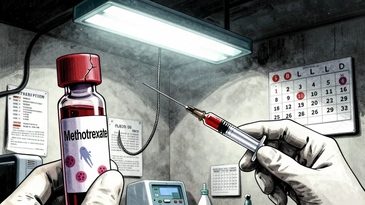 Blood vials in a hospital lab show declining white blood cells, with a syringe casting a threatening shadow.