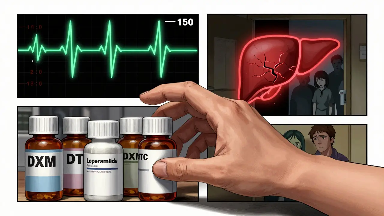 Hand reaching for OTC pills with cracked liver icon and spiked heart monitor, family shadows in background, conveying hidden abuse.