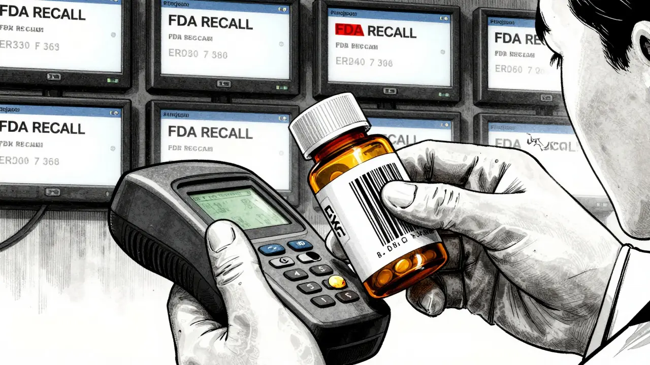 Hand scanning a pill bottle while a torn expiration label and FDA recall alerts glow in the background.