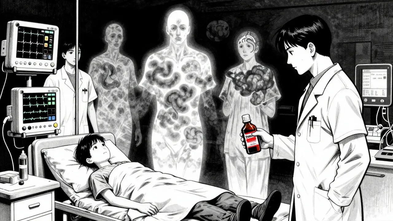 Hospital emergency scene with abnormal EKG, cough syrup bottle glowing red, floating hallucinations symbolizing brain damage.