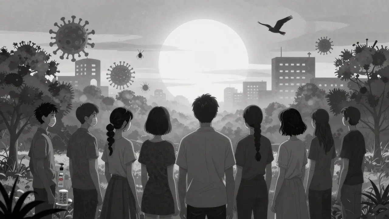 Immunocompromised individuals stand together at dawn in a park, facing a glowing sun as invisible threats fade into mist.