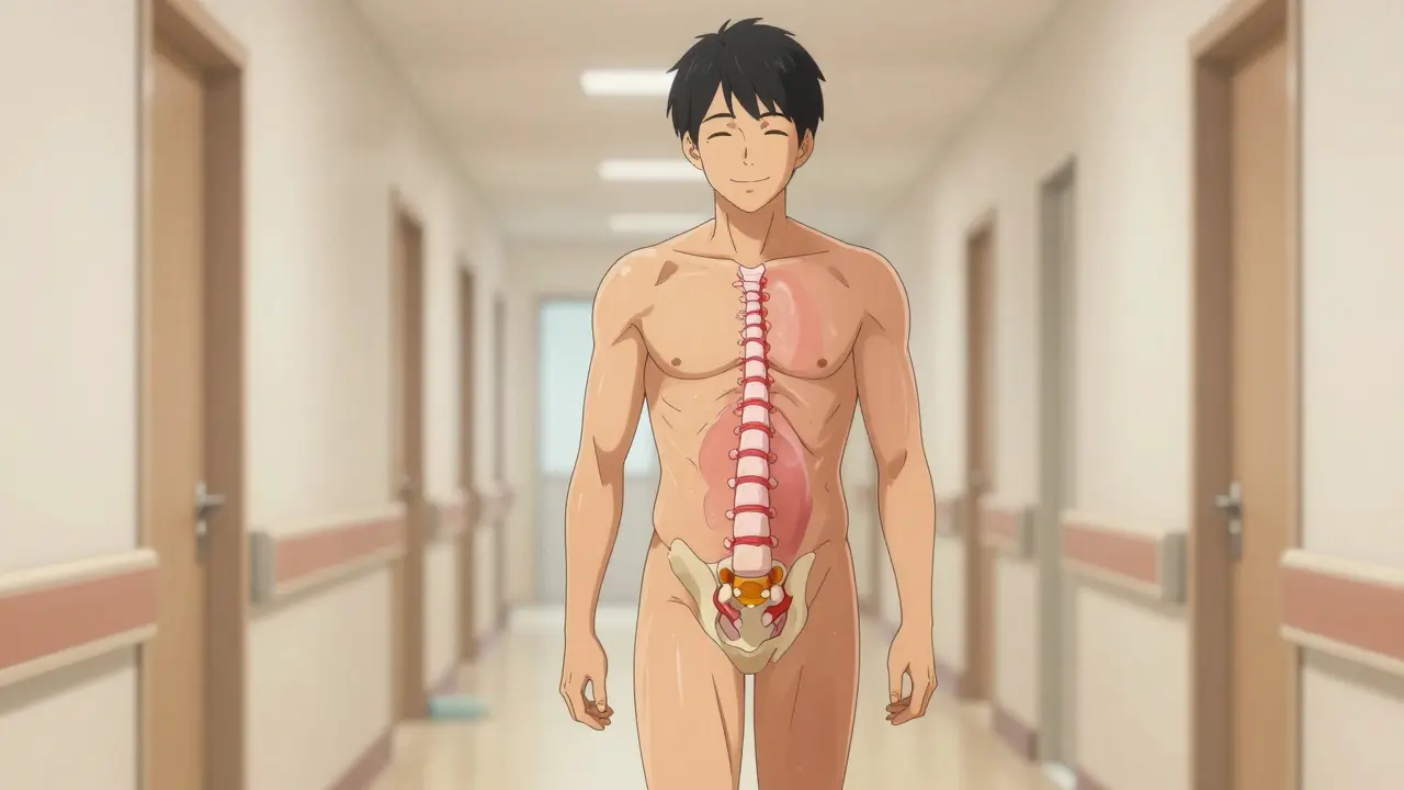 Patient walking upright with restored spinal alignment after kyphoplasty treatment.