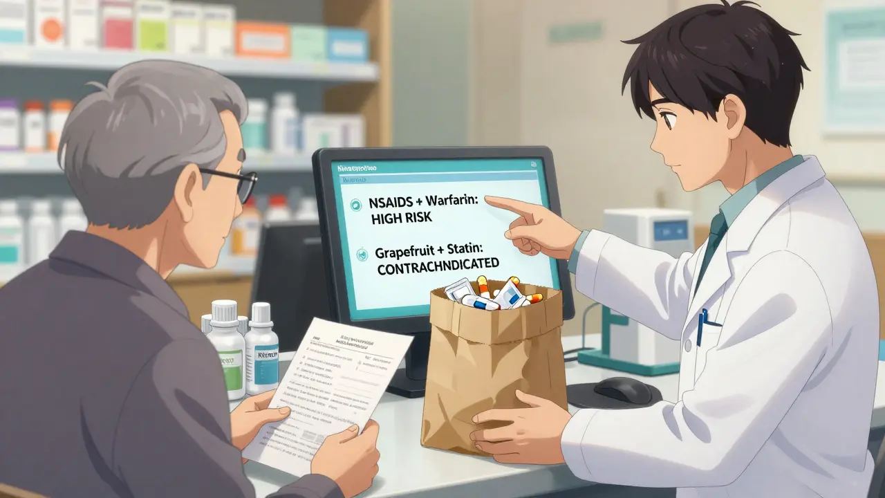 Pharmacist reviewing medications from a brown bag while showing interaction warnings on a digital screen.