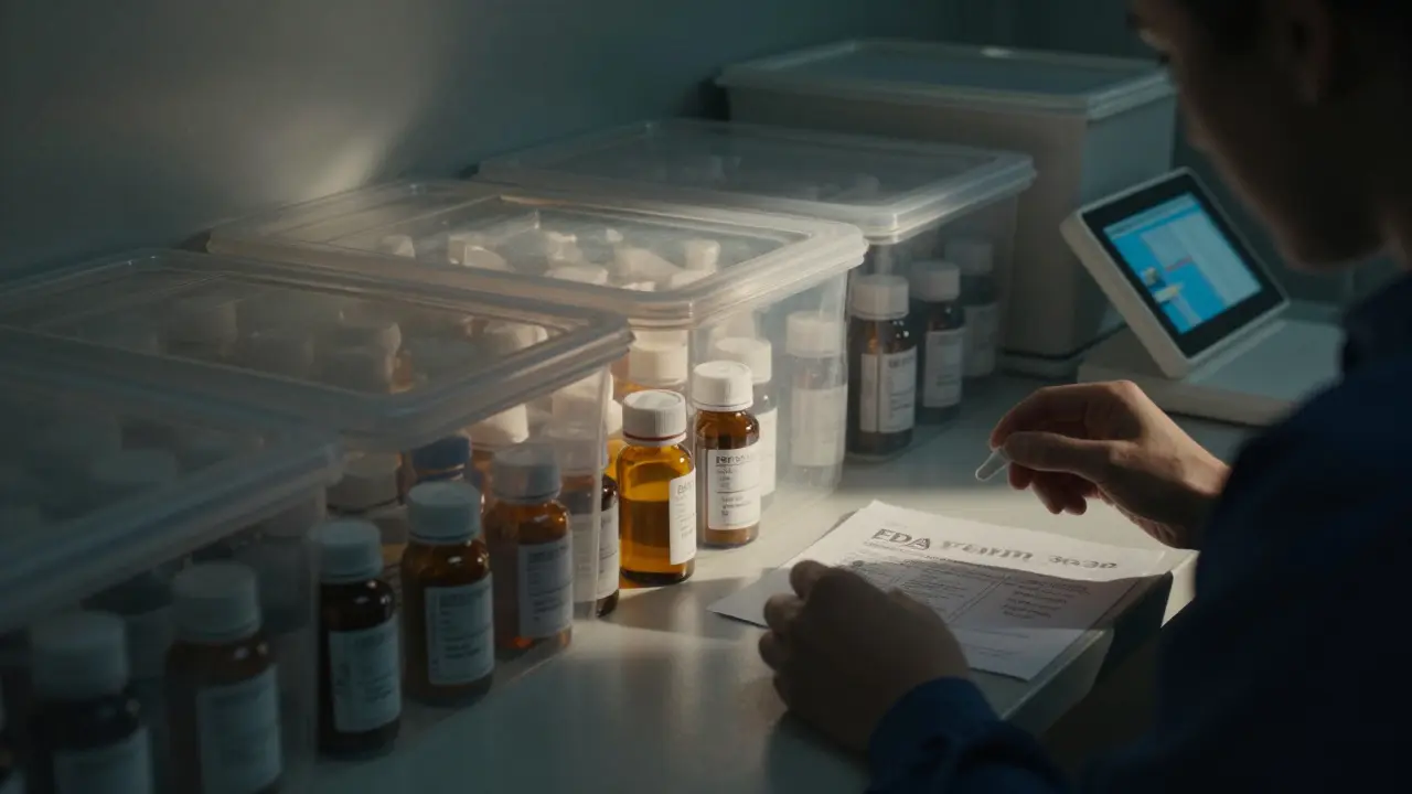 Rows of expired medications being sorted in a dim clinic room, with FDA disposal forms visible under a single light beam.