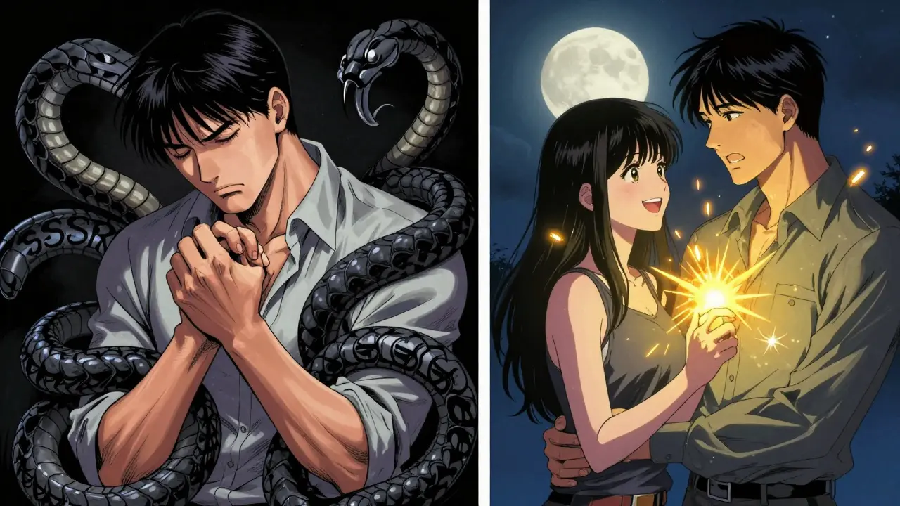 Split scene: one side shows a couple bound by dark serpentine symbols, the other shows them reunited under moonlight with glowing light between them.