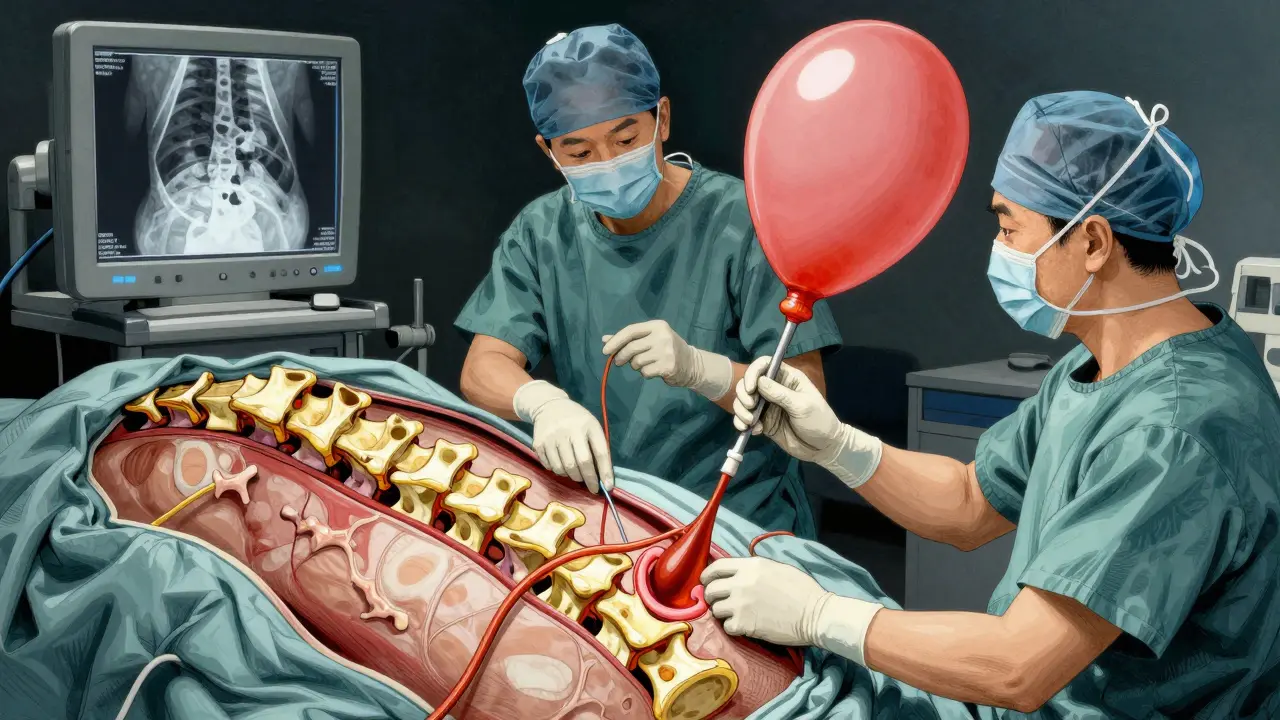 Surgeon inflating balloon catheter to restore vertebral height during kyphoplasty surgery.