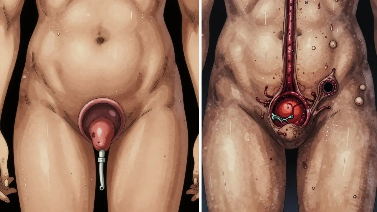 Surgery for ulcerative colitis removes the colon for a cure, while Crohn’s recurs after resection, showing recurrent inflammation and fistulas near the surgical site.
