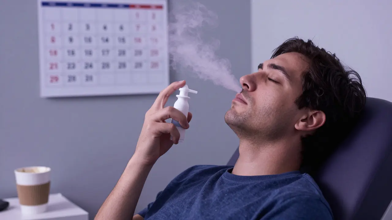 A patient using esketamine nasal spray in a calm clinic setting, with soft mist symbolizing gentle relief.