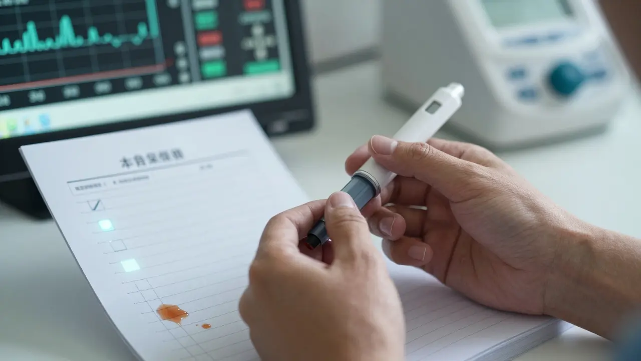 A person's hands fumble with an insulin pen beside an incomplete daily log, tears falling on the page.