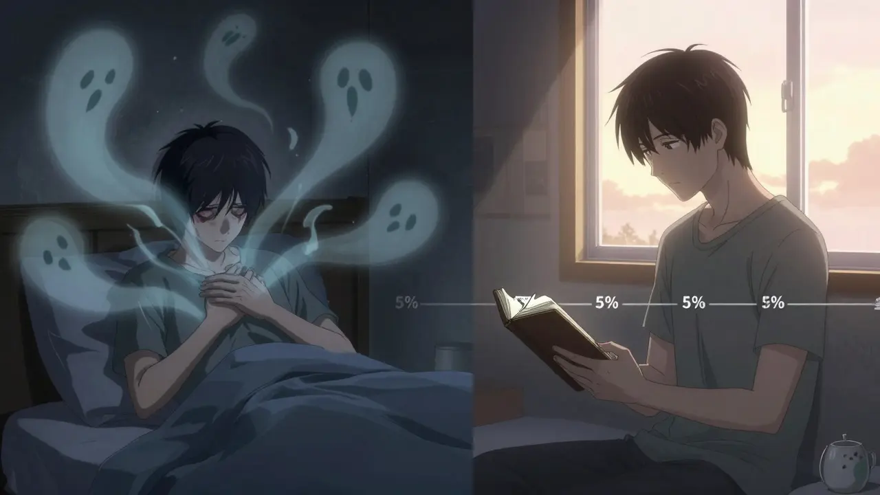 A person experiencing withdrawal symptoms on one side, and calmly tracking progress with a journal on the other, at sunrise.