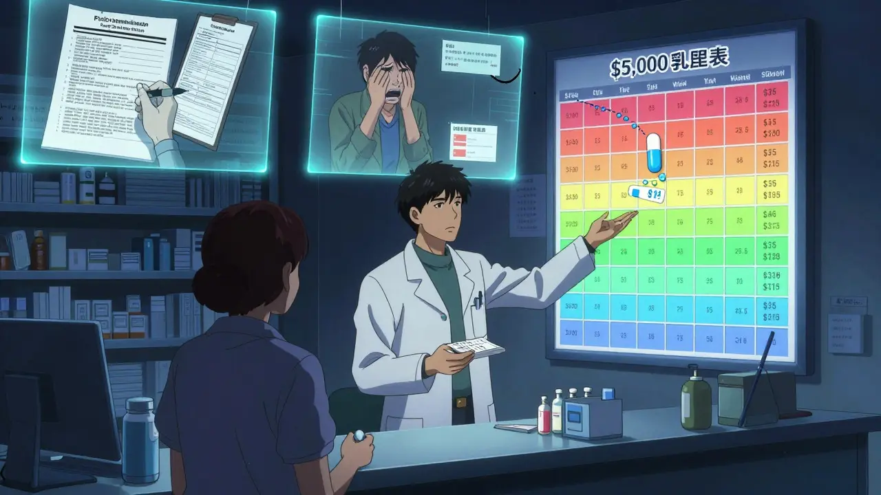 A pharmacist explains a drug tier chart to a patient in a pharmacy, with floating scenes of insurance decisions.