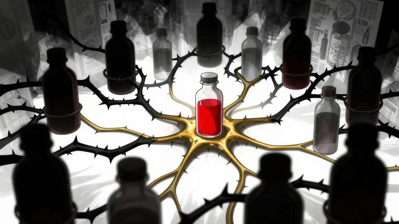 Black vines strangling glowing nerve fibers in dark setting.