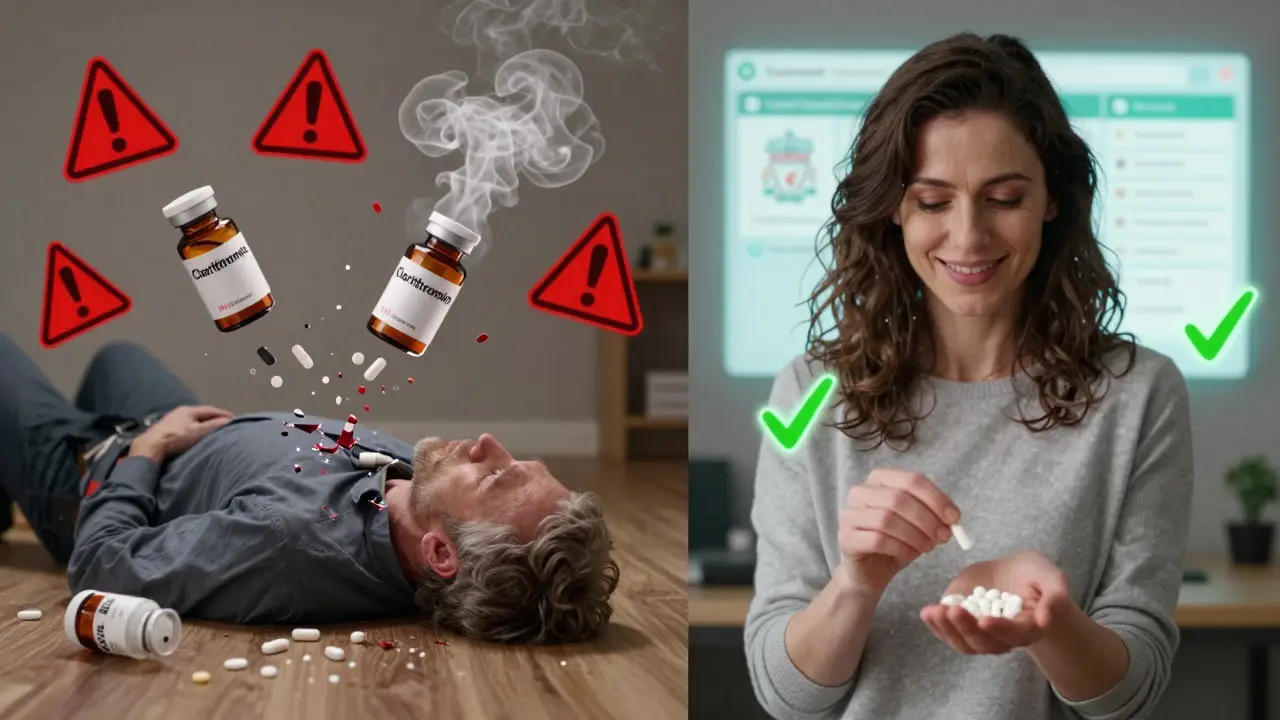 Contrasting scenes: one patient collapsing from drug interaction, another recovering safely with proper antibiotic.