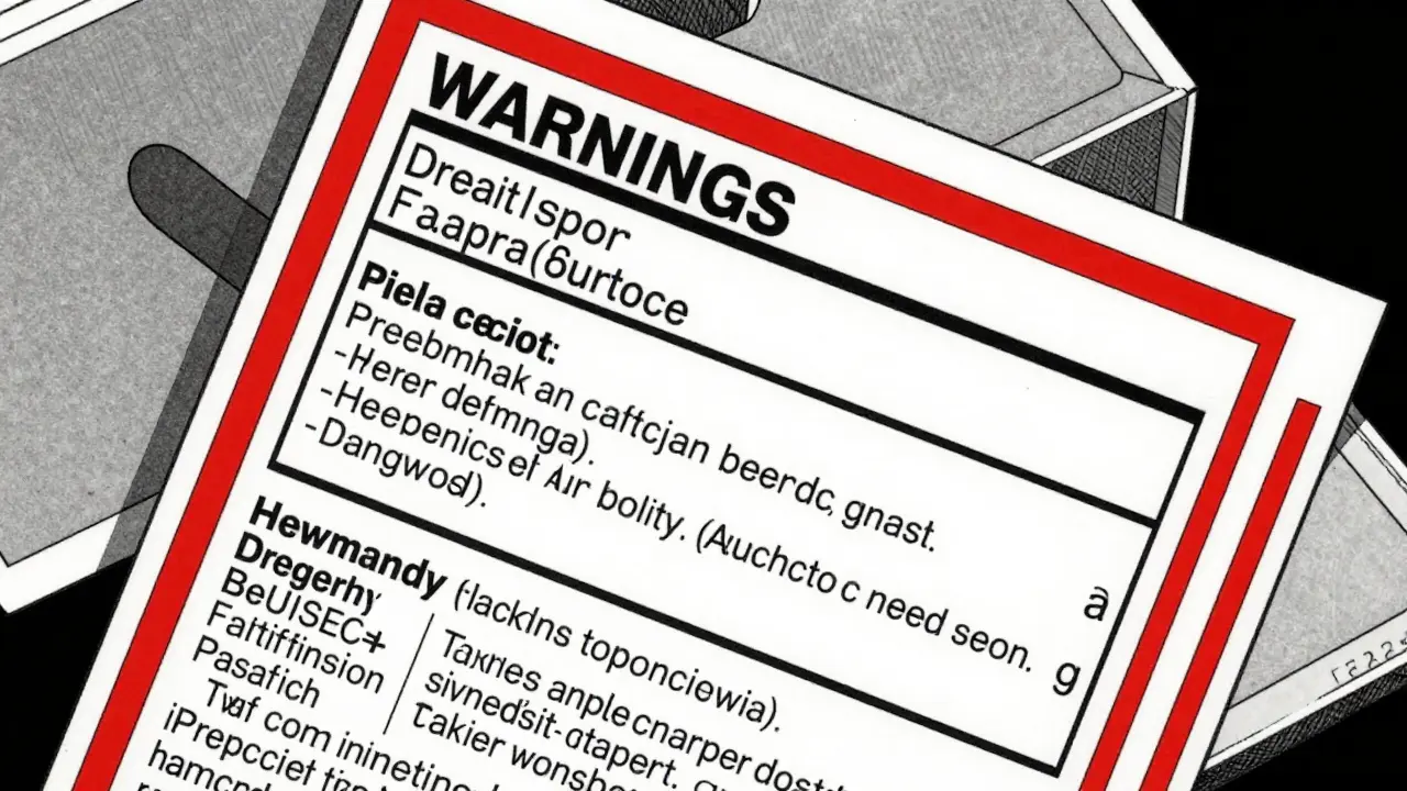 Deconstructed drug label panels with glowing warning section