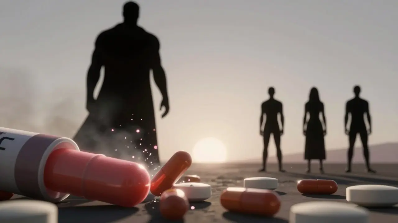 Giant enzyme looming over pill battlefield, newer HIV drugs standing unharmed as dawn breaks.