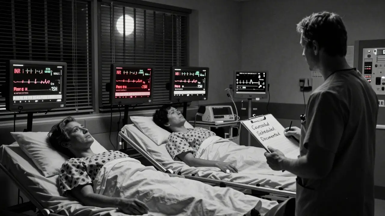 Hospital monitoring room at night with three patients showing critical vital signs spiking.
