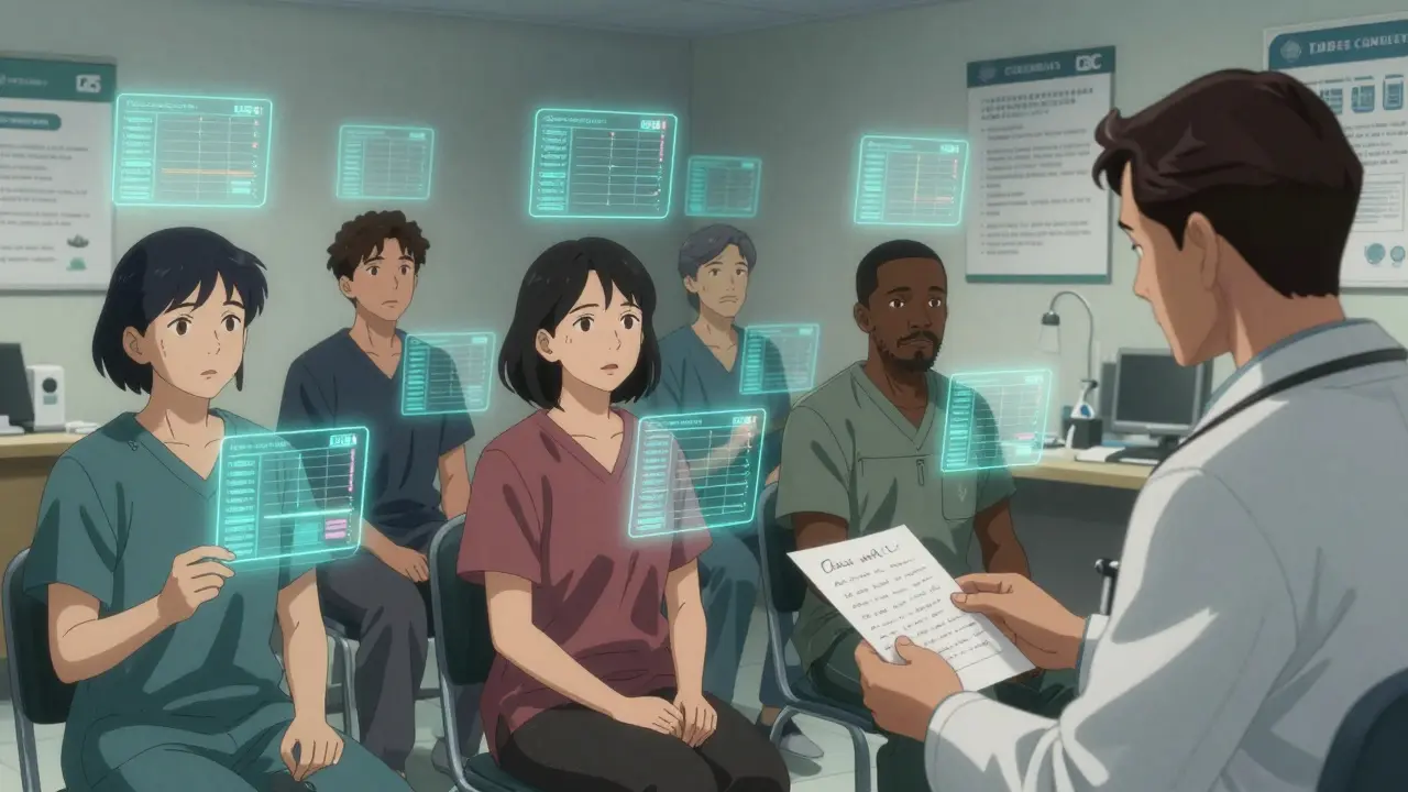 Multiple patients receiving personalized taper schedules in a clinic, with digital data streams and guideline posters in the background.