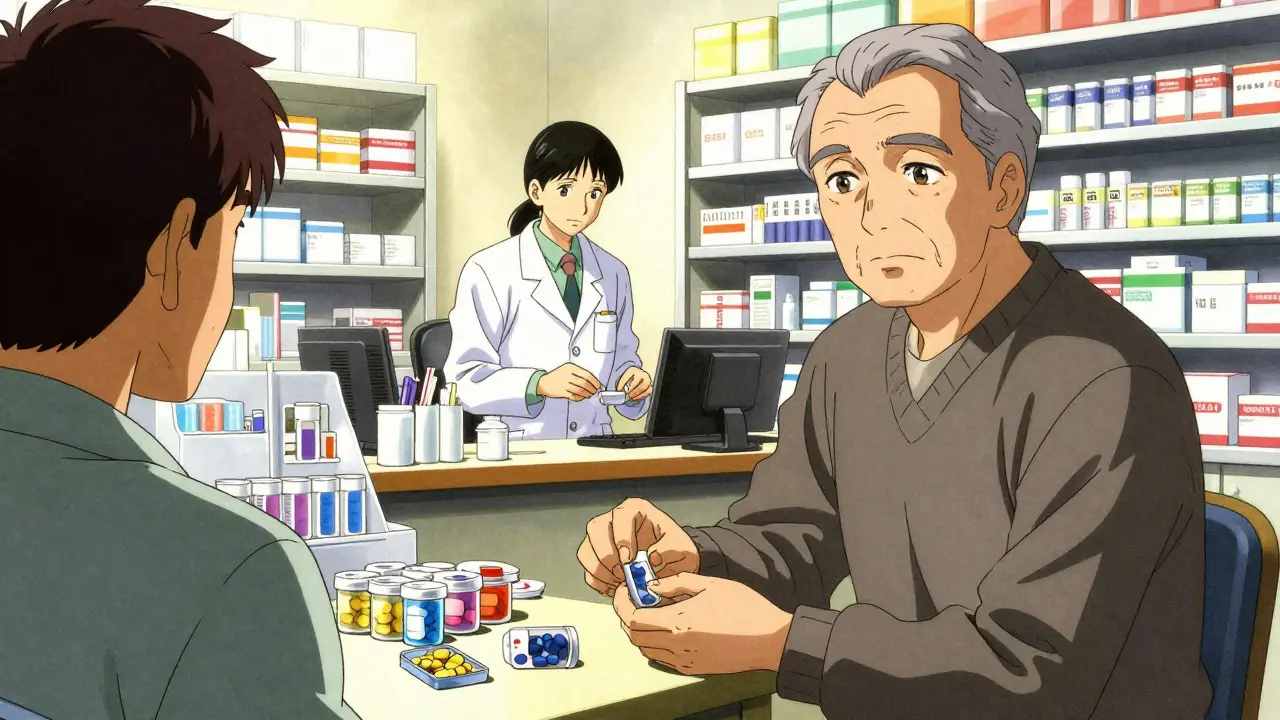 Patient and pharmacist organizing medicine pile with relief.